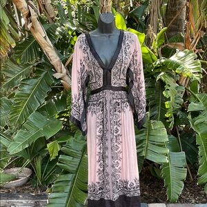 Bohemian dress with kimono sleeves, beading silver embroidery, and satin…